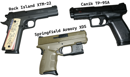 semi-auto-pistols Rock Island XTM-22, Canik TP-9SA amd Springfield Armory XDS Semi-auto Handguns